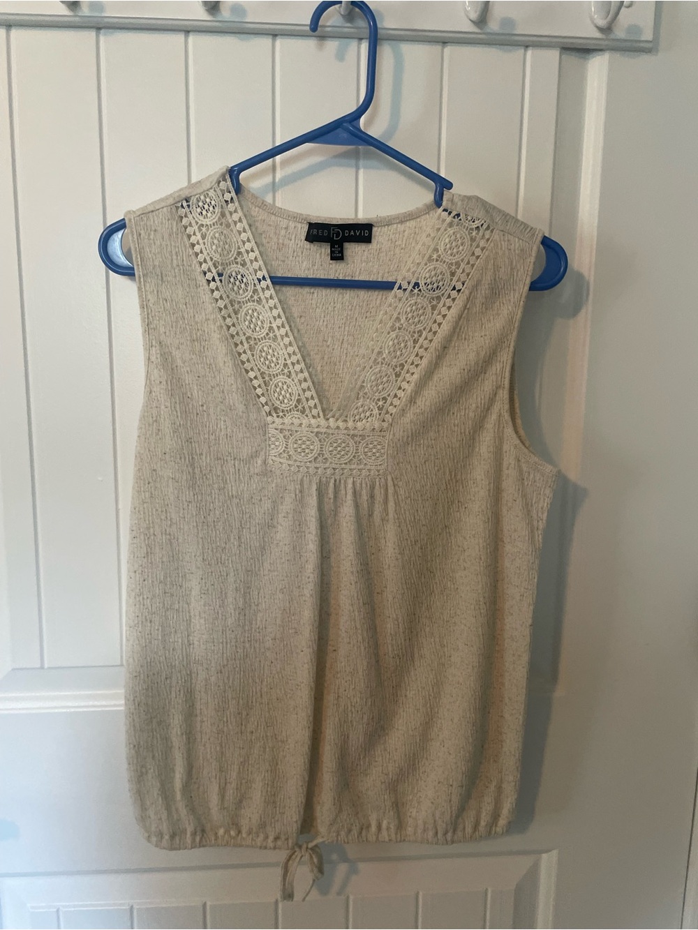 Fred David Cream Crochet V-Neck Drawstring Sleeveless Top